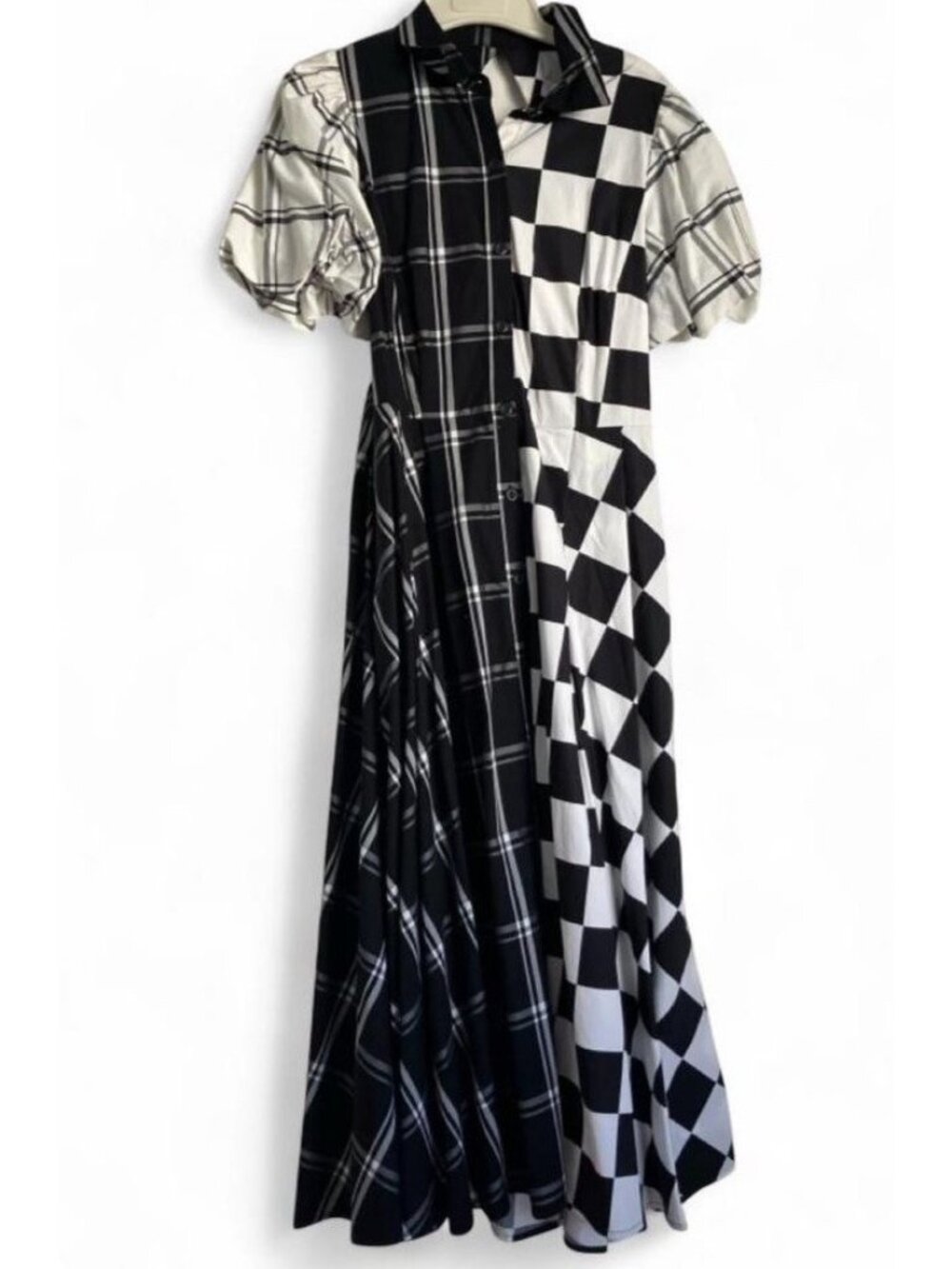 Christopher John Rogers x Target Black White Plaid Maxi Dress Puff Sleeve Size 6